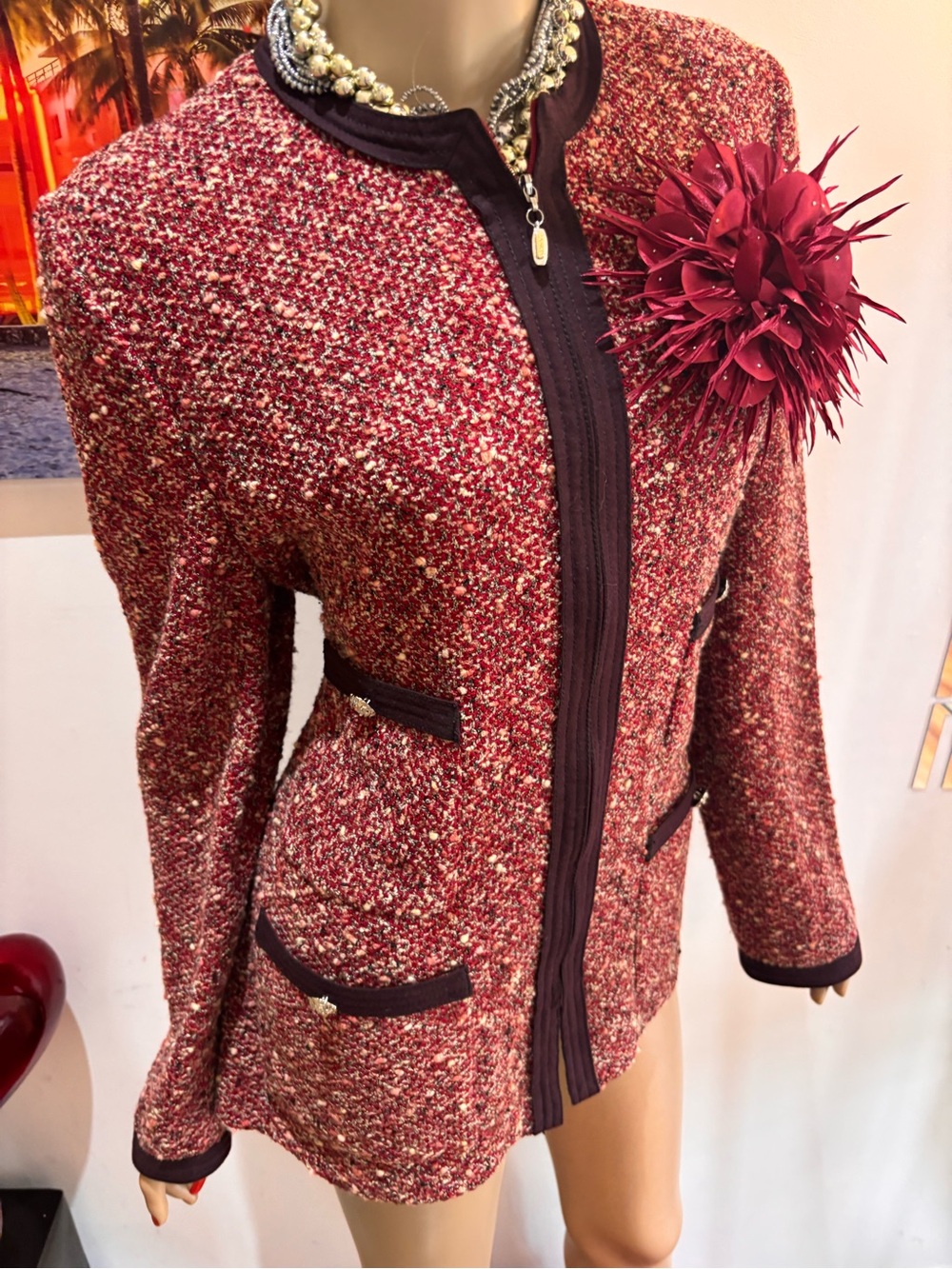 St. John Burgundy Multi Tweed Zip Jacket  burgundy red 10 M career